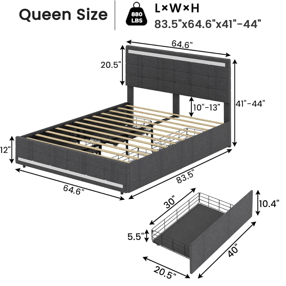 ADORNEVE LED bed frame drawers