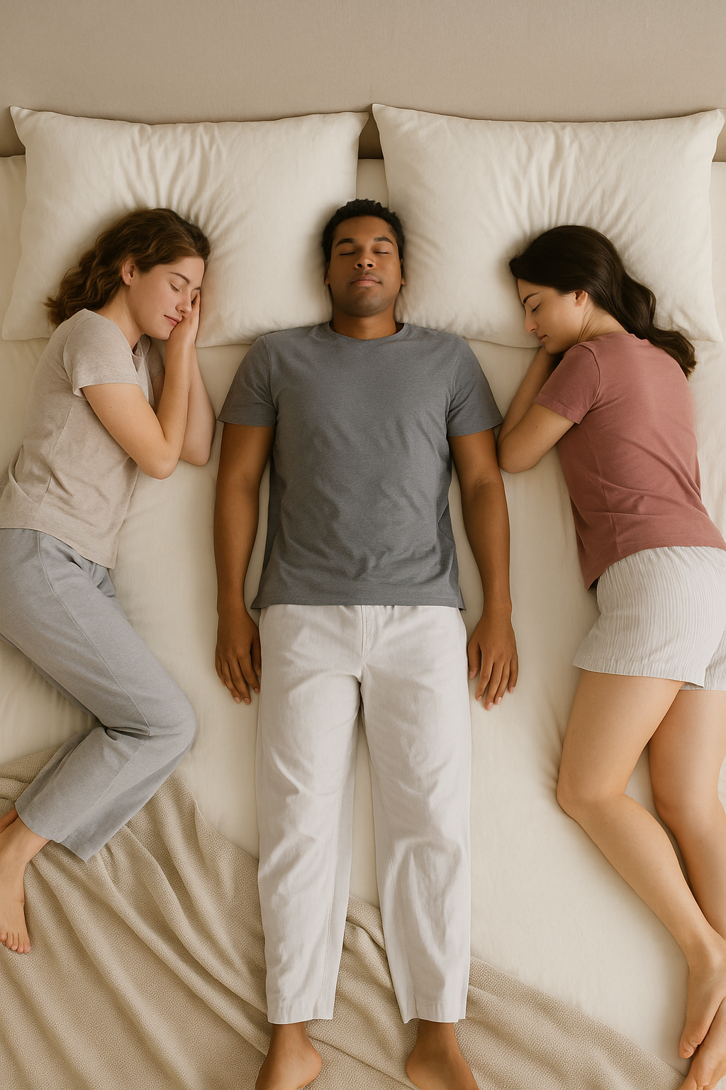 Three people sleeping in side, back, and stomach positions on neutral bedding demonstrating mattress support variety.