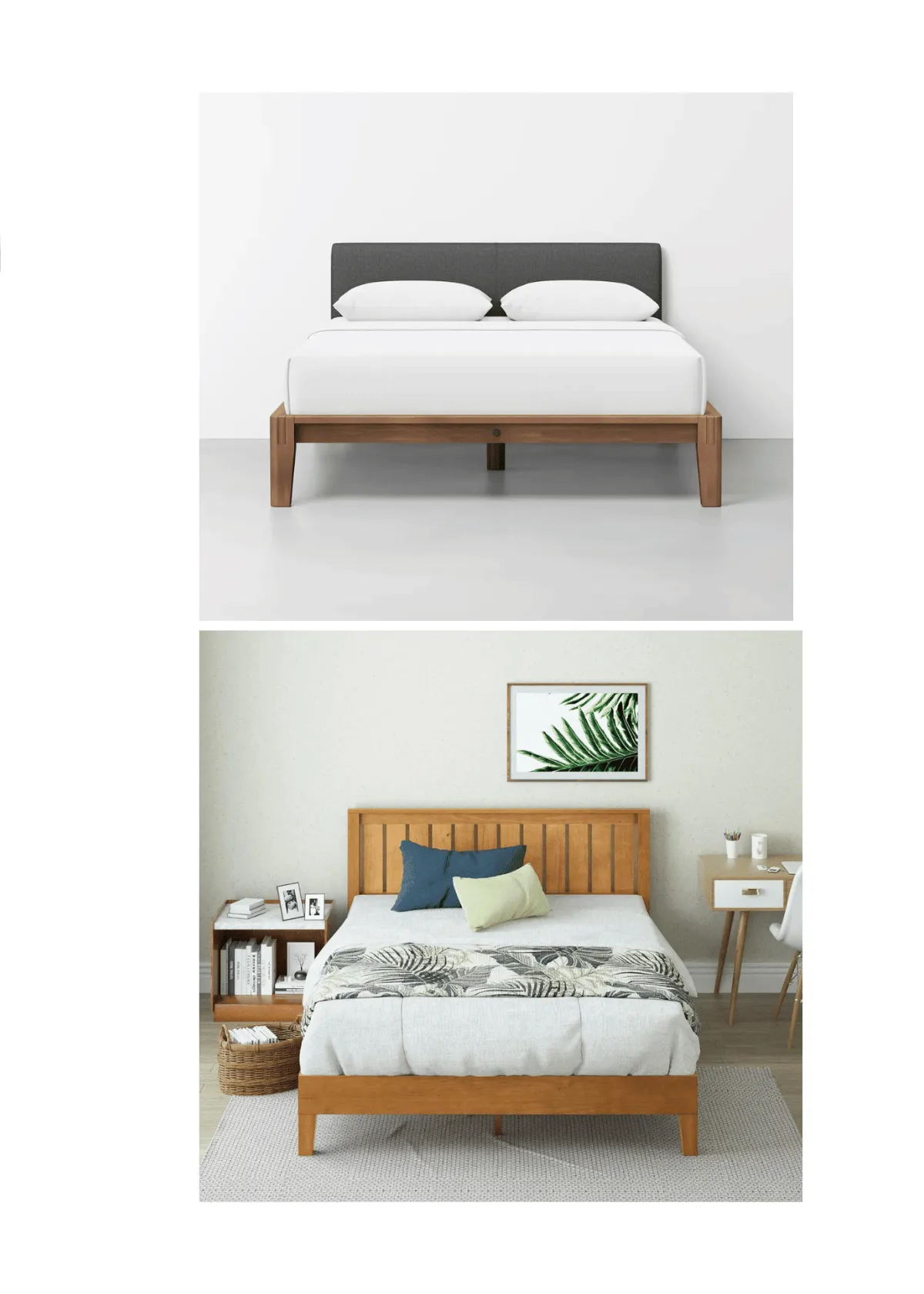 Wood bed frames bring elegance to your home. (Credit: Thuma; Zinus)